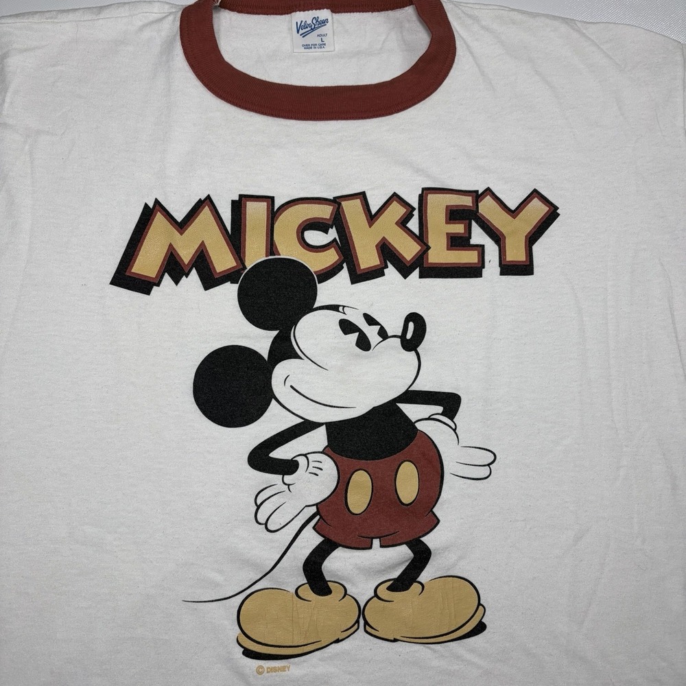 Vintage 80s Mickey Mouse Ringer T Shirt Men Large Velva Sheen USA White Disney